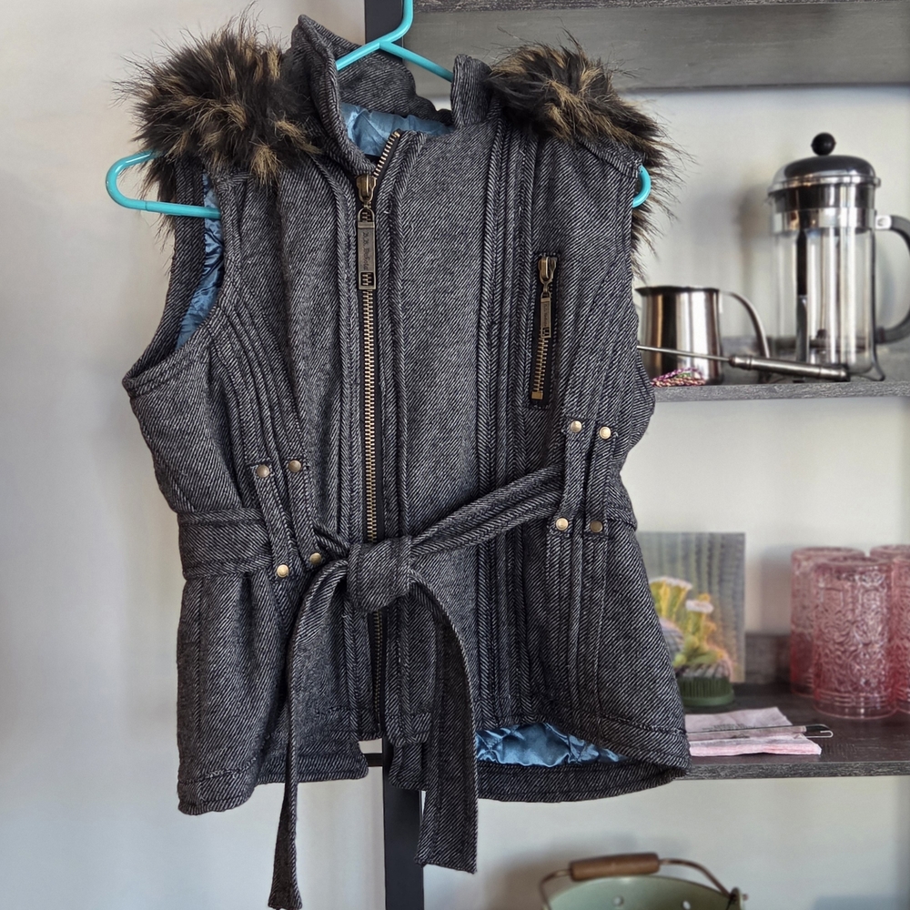 Lovely Ladies Luxury Black Brown Faux Fur Hood Blue Gray Vest With Belt Medium